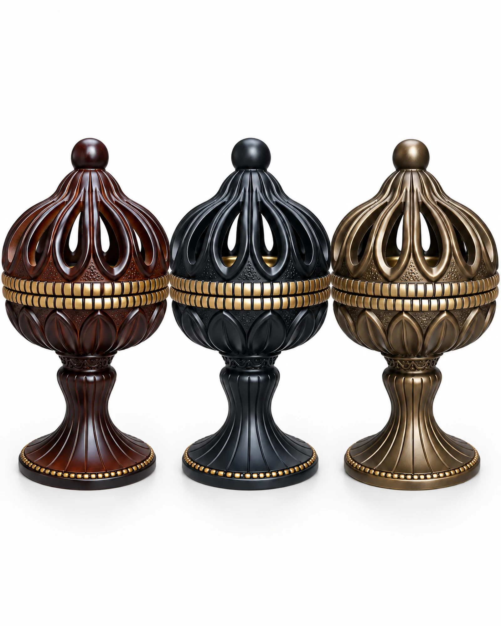 Three BAYBARS HOUSE wooden bakhoor burners in dark brown, black, and antique bronze